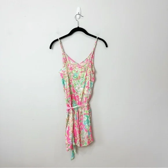 Lilly Pulitzer Deanna Belted Tie Romper Southern Charm Pink Green Floral - Picture 5 of 9